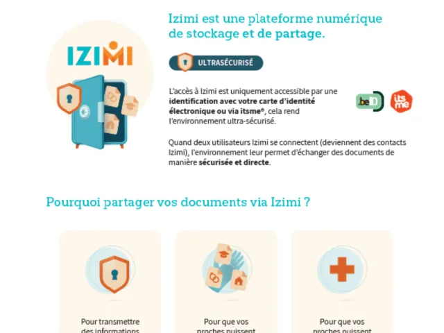 Infographie sur le coffre-fort numérique Izimi qui permet de partager des documents en toute confidentialité et de manière sécurisée.
